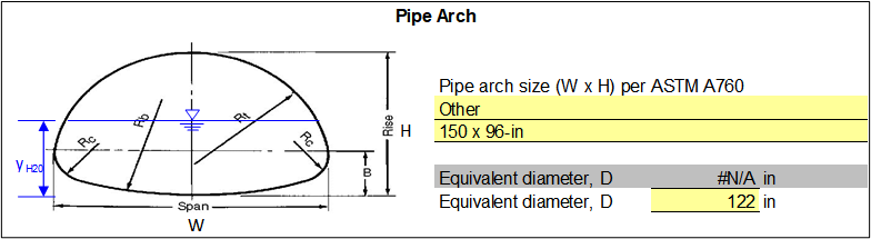 Step 1 of Steel and Aluminum Pipe worksheet: User-specified arch pipe dimensions.